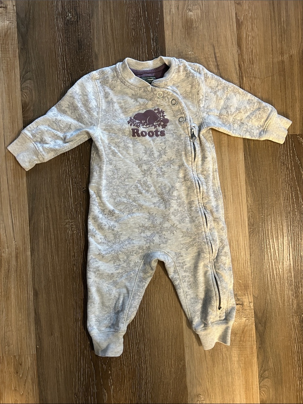 Baby Roots Romper 9-12 months grey and purple with snowflakes